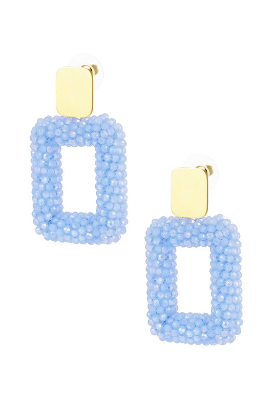 Rechthoek oorbellen met glaskralen - Blauw