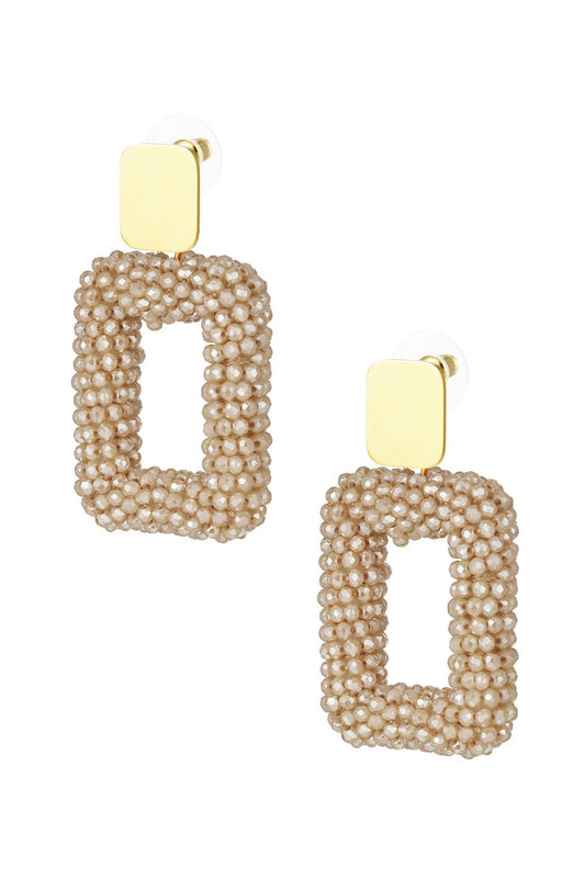 Rechthoek oorbellen met glaskralen - Beige