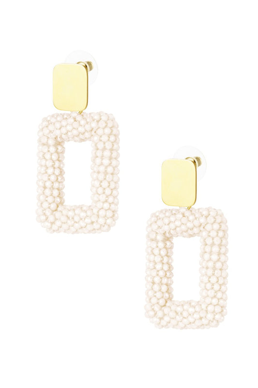 Rechthoek oorbellen met glaskralen - Off White